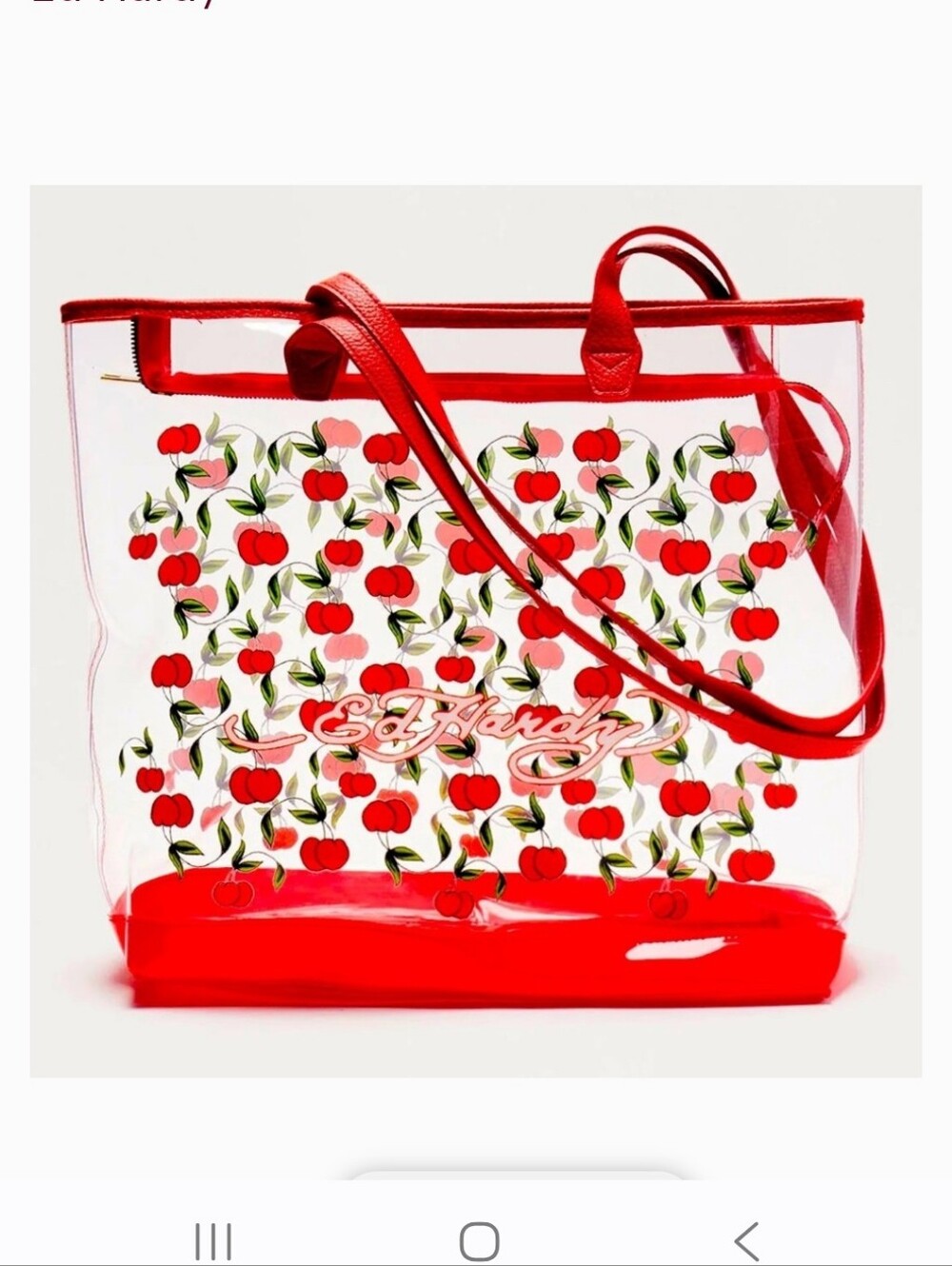 Ed Hardy Clear Cherry Print Tote with Red Trim